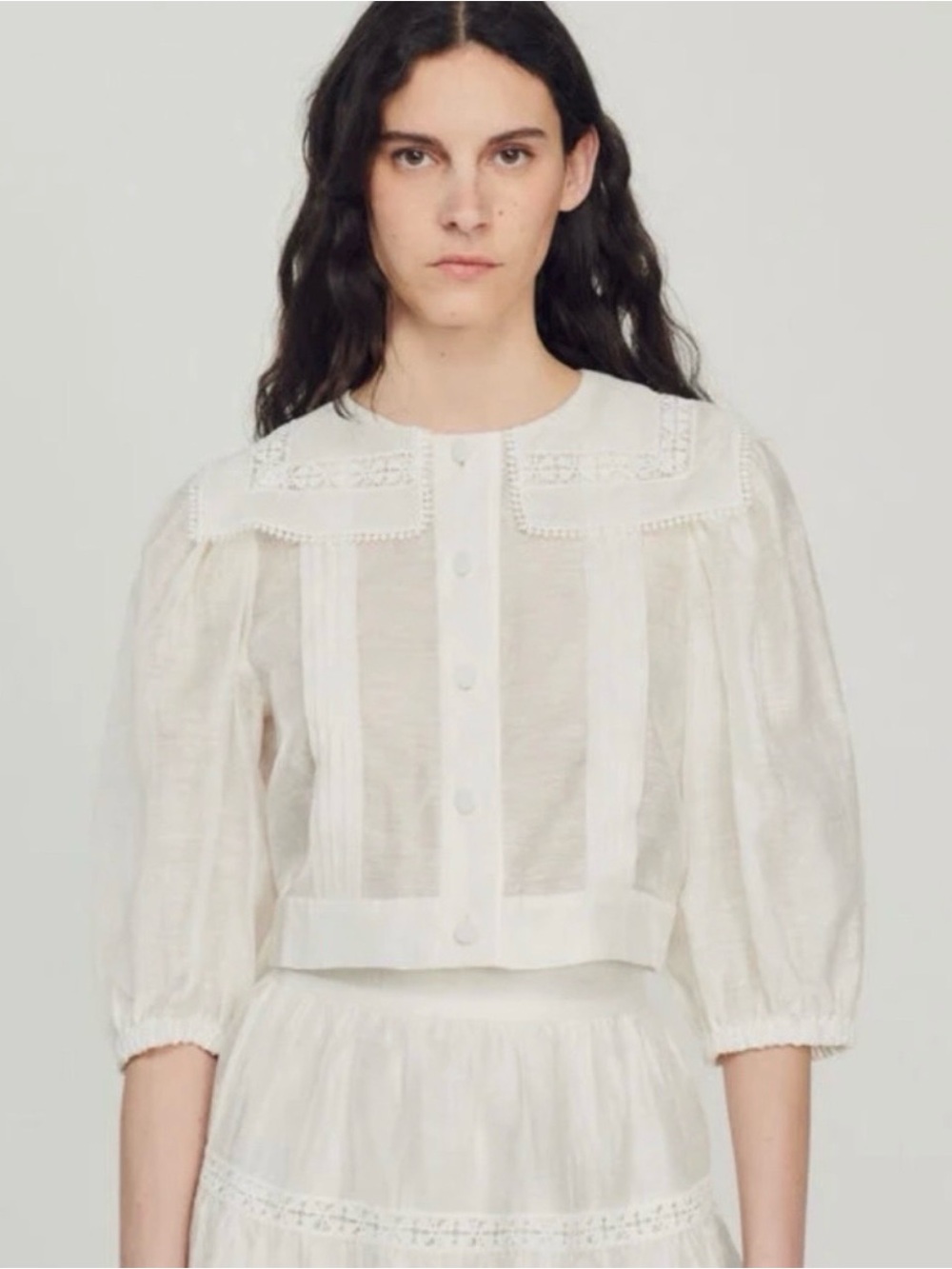 Sandro Ivory Lace-Trim Pintuck Button-Front Blouse